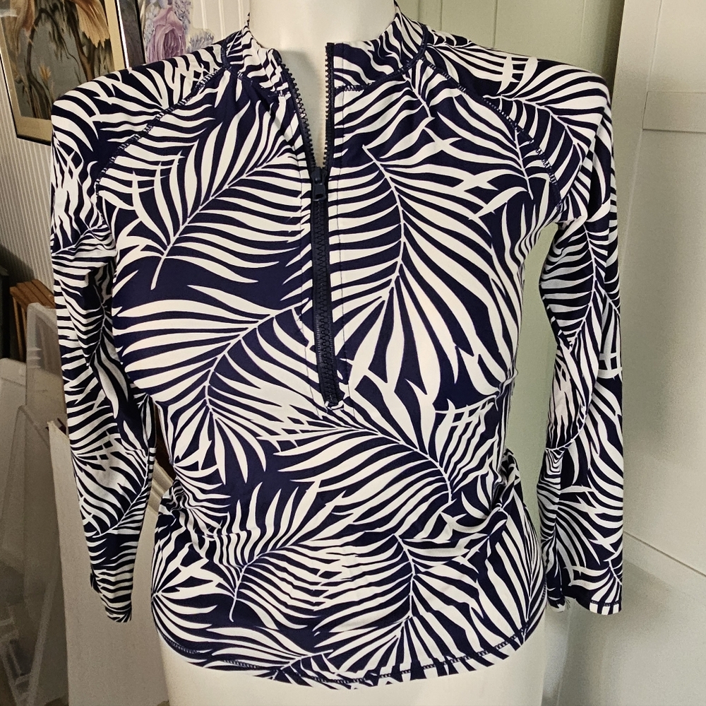 Aqua Et Sol Women's M Blue White Palm Leaf UPF 50+ Rash Guard Swim Top